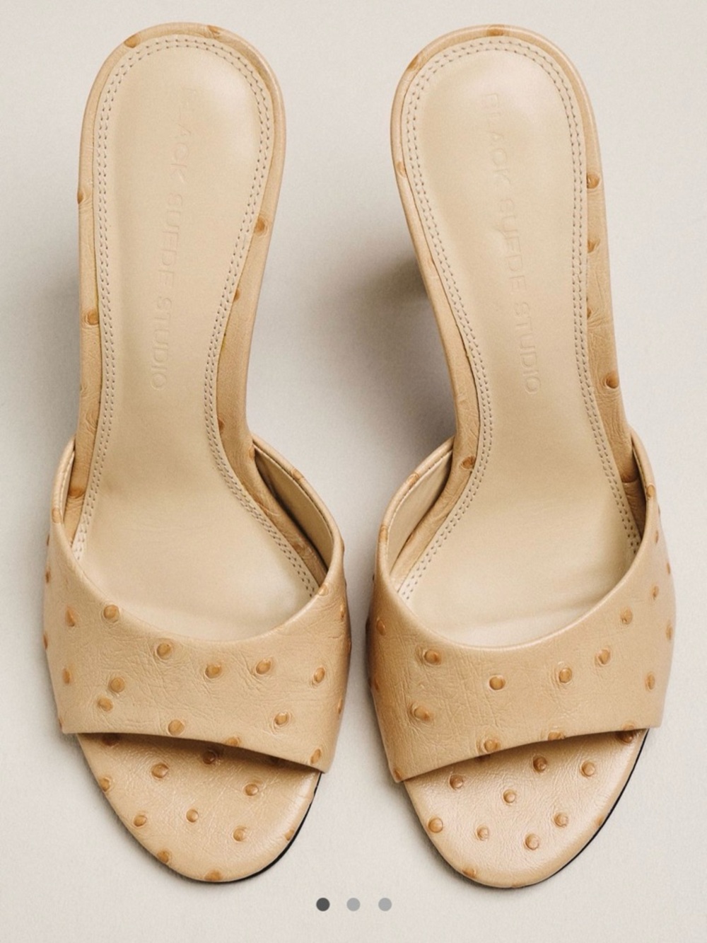 NIB Black Suede Studio Lila 95 Open-Toe Heels in Tan Ostrich - Picture 2 of 3